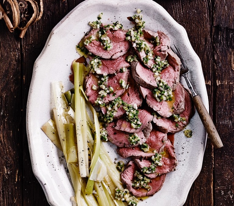 Poached beef with herb vinaigrette & leeks